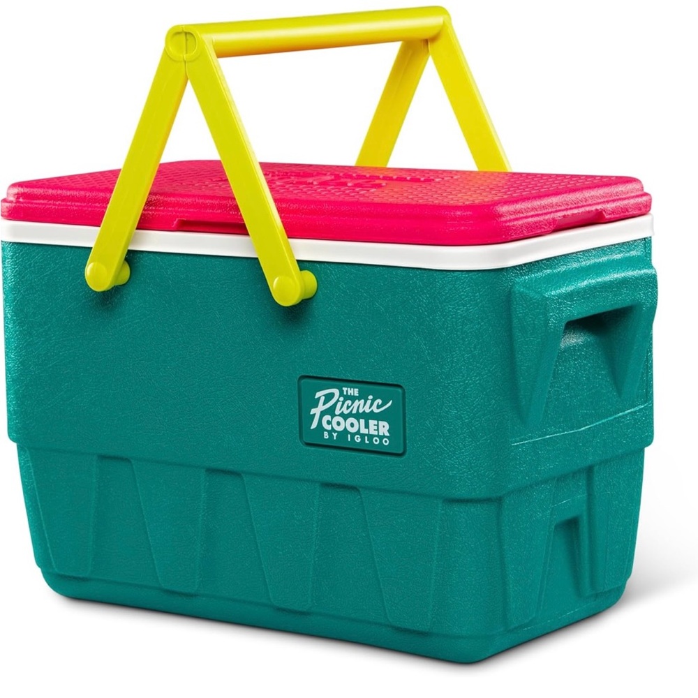 Igloo Teal Cooler with Pink Lid and Yellow Handle